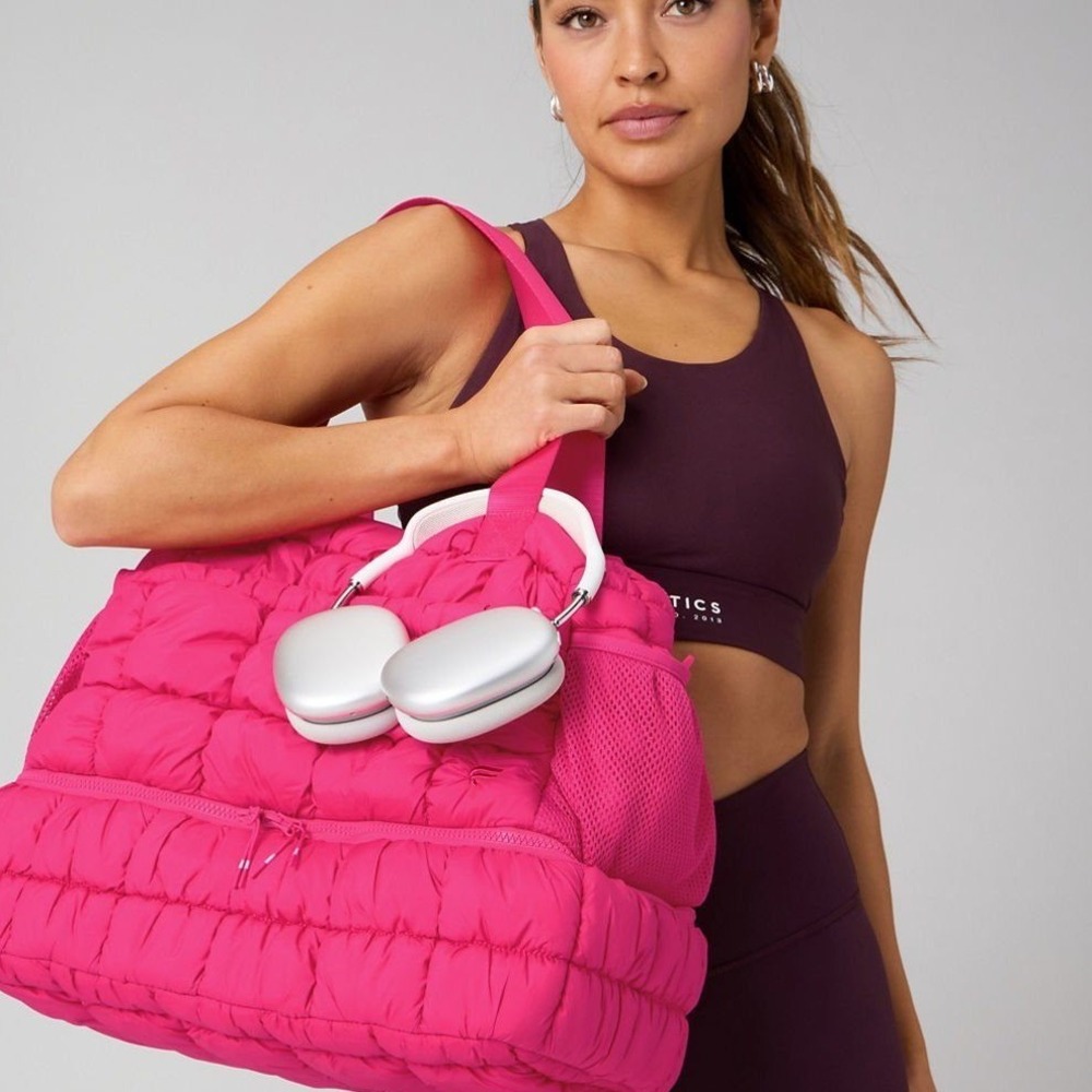 Fabletics Pink Puffer Tote Bag Gym Travel Overnight Bag Large Quilted Nylon NWT - Picture 2 of 6